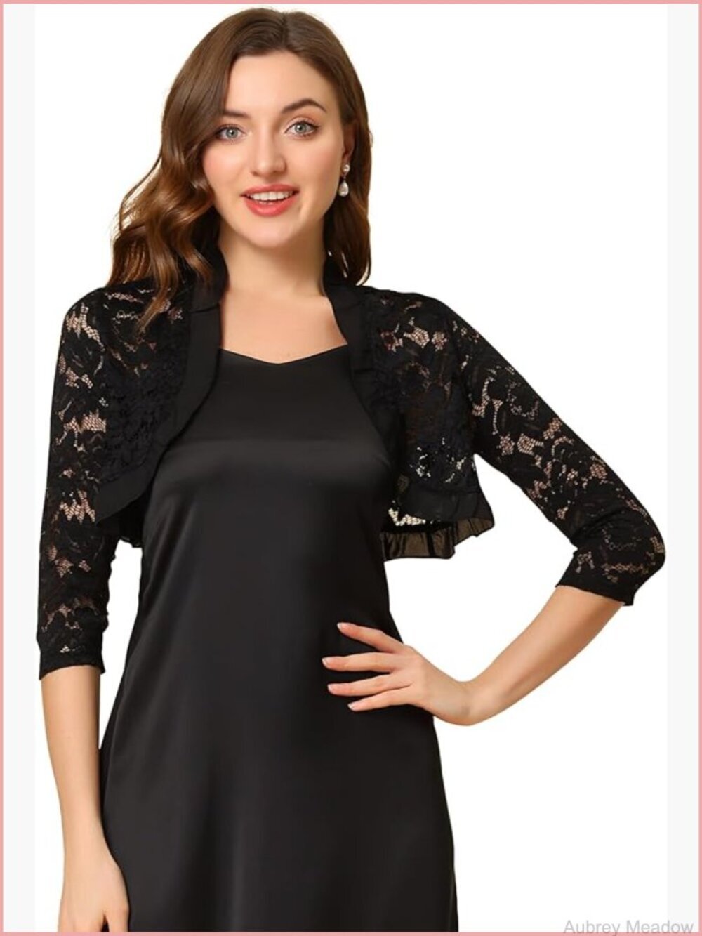 Elegant Lace Shrug Bolero Cardigan with Ruffle Collar 3/4 Sleeve Sheer Floral